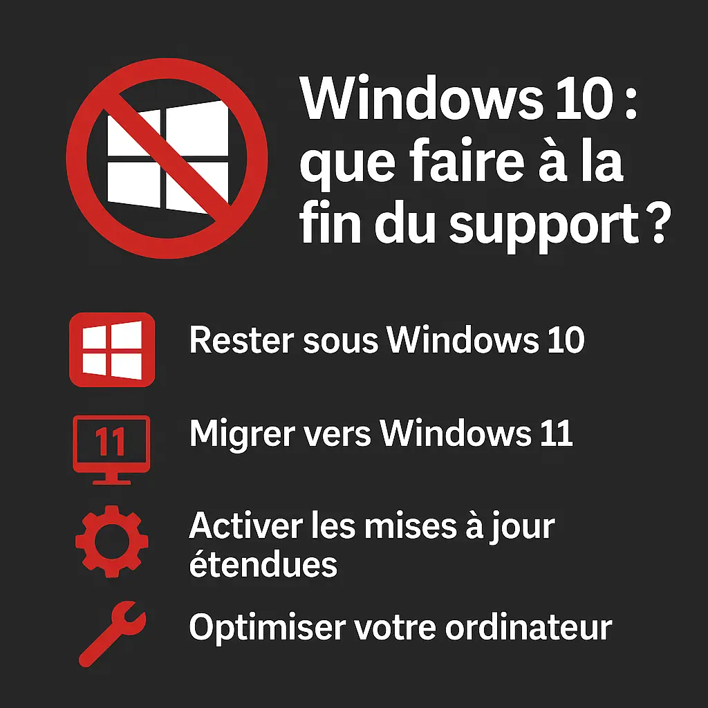 Infographie claire sur fond noir : “Windows 10 : que faire à la fin du support ?” avec quatre pictogrammes rouges représentant les options : rester sous Windows 10, migrer vers Windows 11, activer les mises à jour étendues, optimiser son ordinateur. Charte visuelle GProServices rouge/noir/blanc.